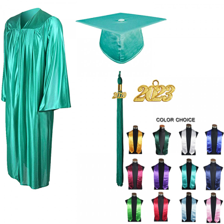 Gown, Cap, Tassel & Stole - Shiny Emerald Green Bachelors Gown, Cap, Tassel & Stole