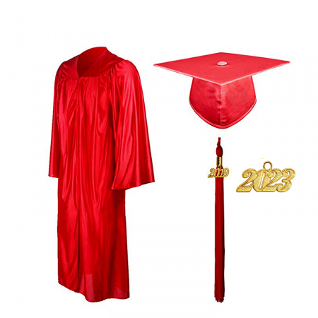 Cap, Gown & Tassel - Shiny Red Bachelors Gown, Cap & Tassel