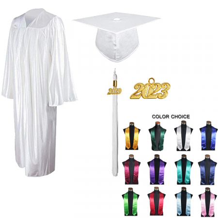 Gown, Cap, Tassel & Stole - Shiny White Bachelors Gown, Cap, Tassel & Stole