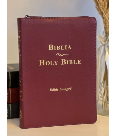 Biblii - Biblie mare, bilingvă română-engleză, visinie, cu fermoar