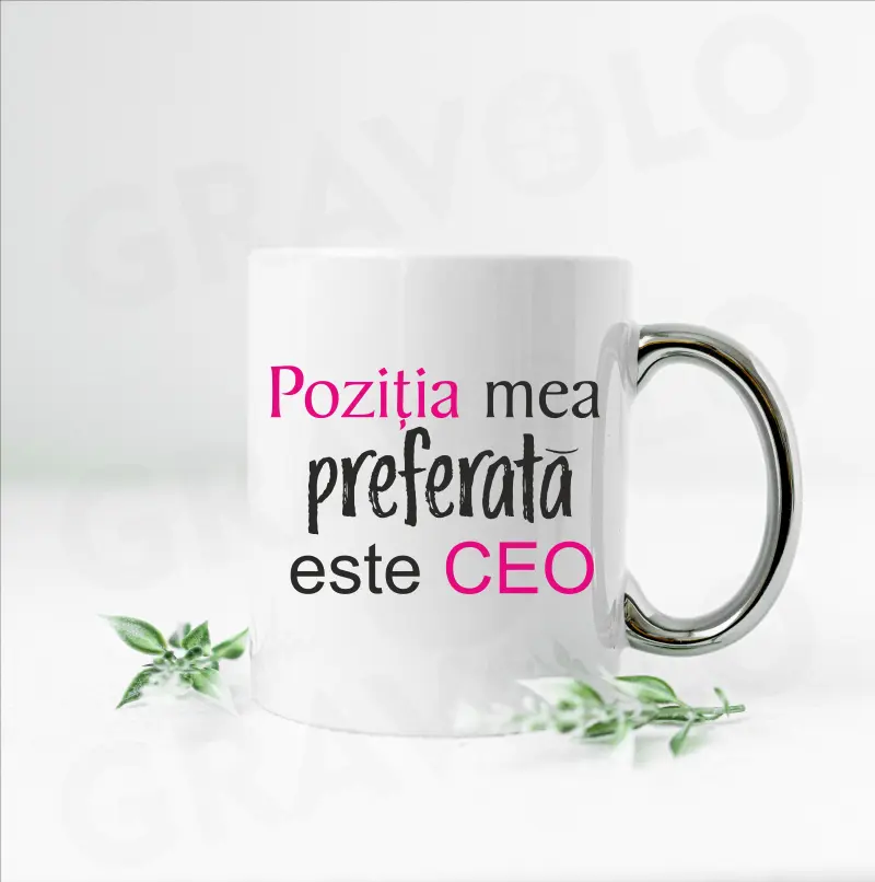 Cana cu maner argintiu personalizata cu mesajul "pozitia mea preferata este CEO" [2]