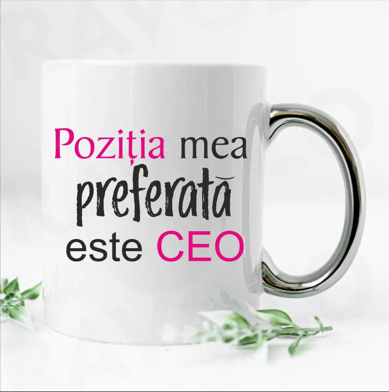 Cana cu maner argintiu personalizata cu mesajul "pozitia mea preferata este CEO" [1]