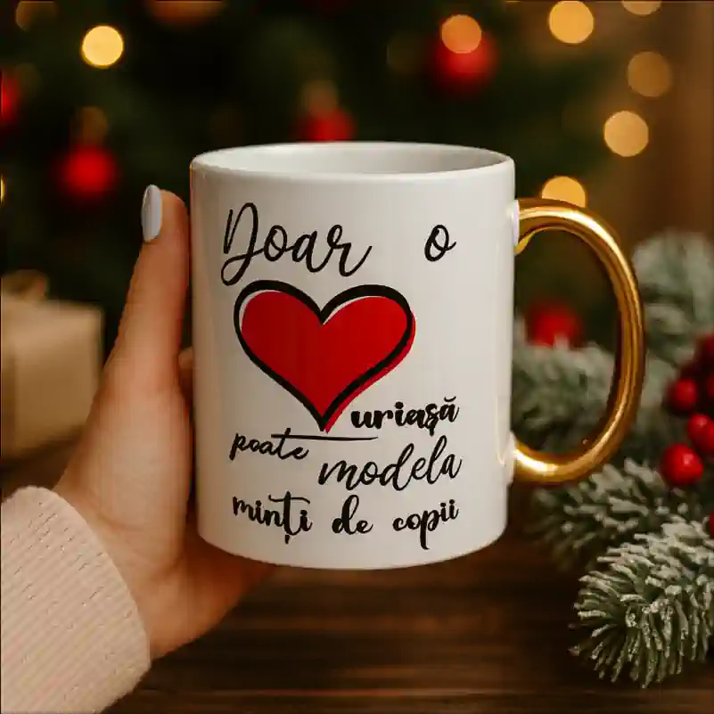 Cana cu maner auriu personalizata cu mesajul "doar o inima uriasa poate modela minti de pitici​​​​​​​" [1]