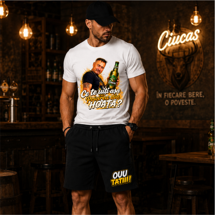 Compleu Personalizat „De ce te uiți pe brațele alea BRABUS?” – Tricou și Pantaloni Scurți | Colecția OUU TATIII [2]