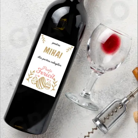 Eticheta personalizata pentru sticla de vin "Paste Fericit" urmareste iepurasul [1]