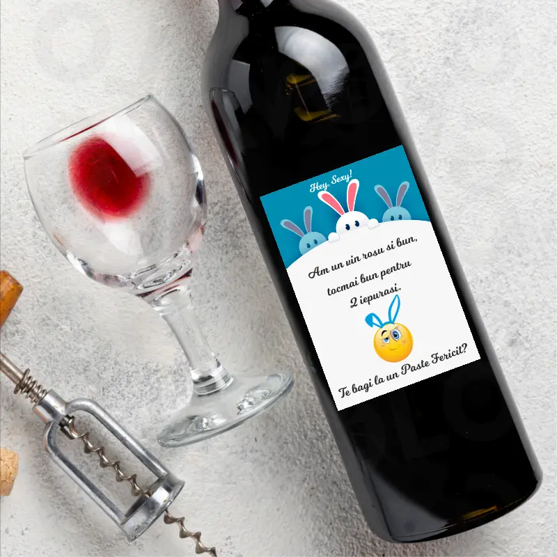 Eticheta pentru sticla de vin "Hey Sexy, te bagi la un Paste Fericit?"  [1]