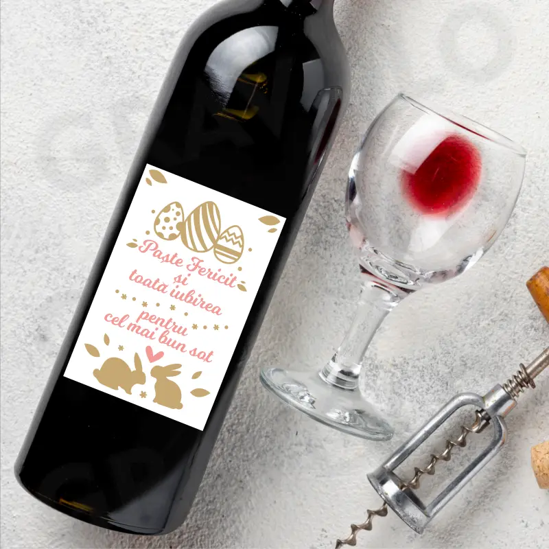 Eticheta personalizata pentru sticla de vin "Paste Fericit" pentru cel mai bun sot [1]