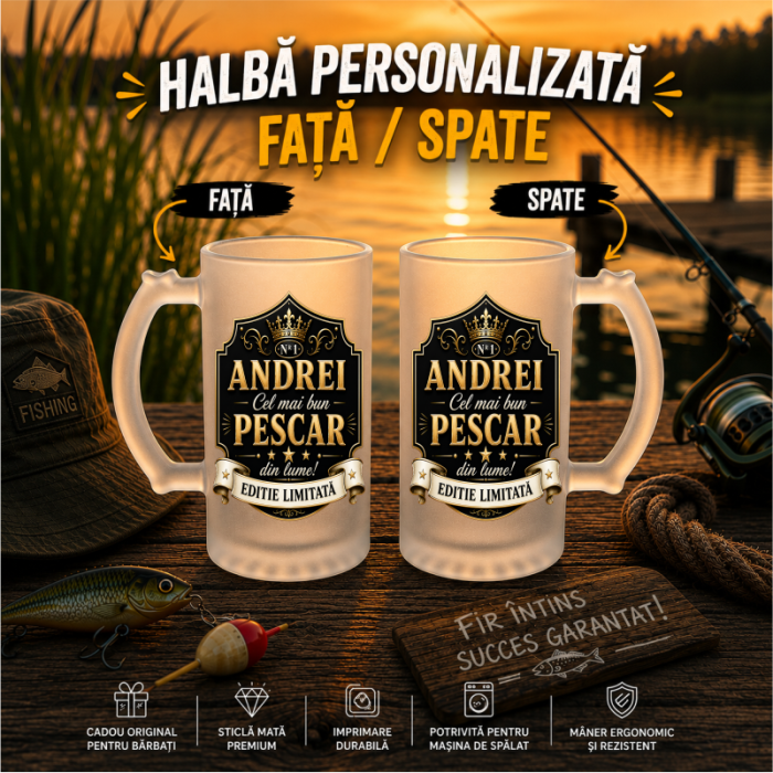 Halbă de Bere Mată Personalizată – Cel Mai Bun Pescar din Lume | Cu Nume Personalizat [2]