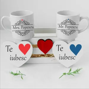 Set Romance cani albe grafica personalizabila "Mr&Mrs Nume familie" [3]