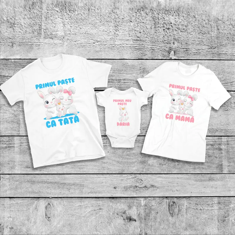 Set tricouri personalizate pentru mama, tata si bebe "Primul meu Paste" [1]