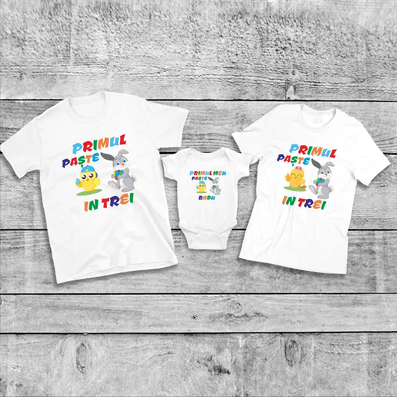 Set tricouri personalizate pentru mama, tata si bebe "Primul nostru Paste in trei" (iepurasi si puisor) [1]