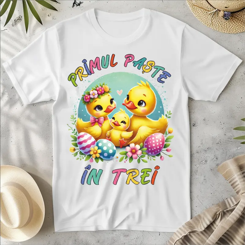 Set tricouri personalizate pentru mama, tata si bebe "Primul nostru Paste in trei" (iepurasi si puisor) [3]