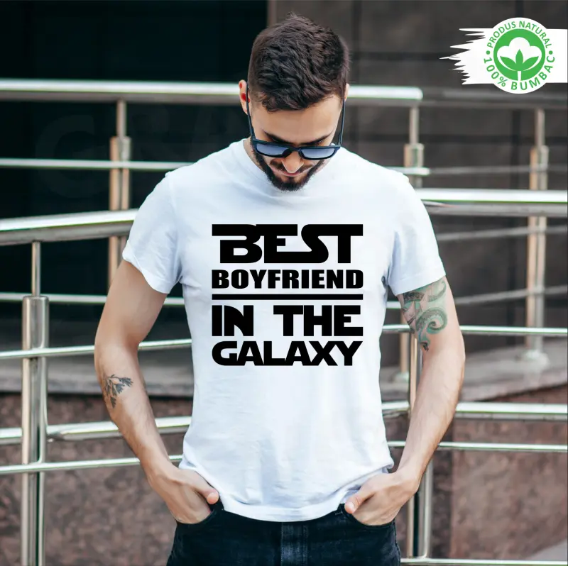 Tricou alb personalizat: "Best Boyfriend in the Galaxy" (barbat) [1]