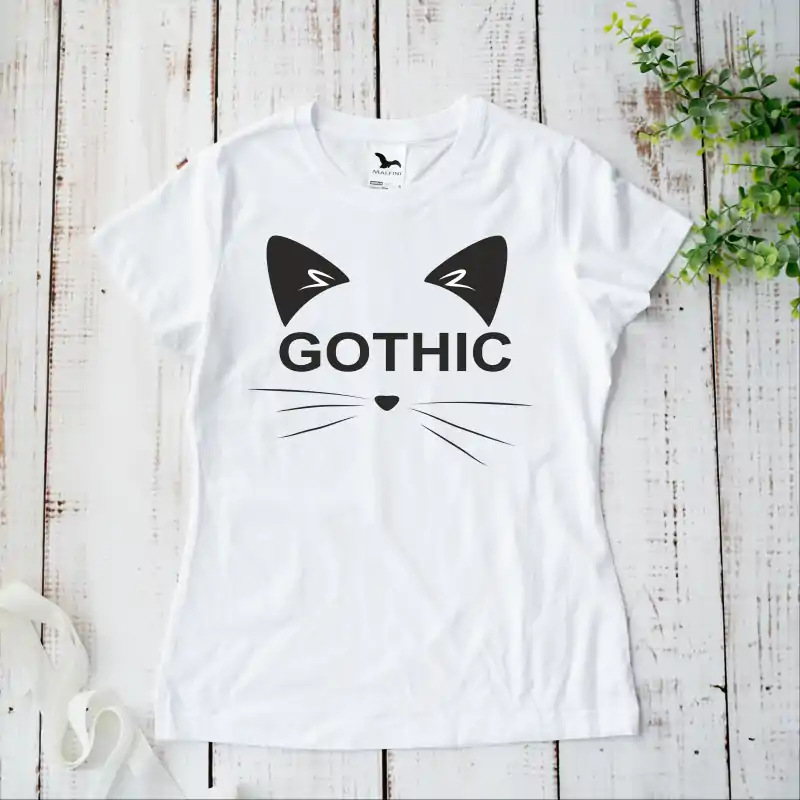 Tricou alb personalizat: "gothic" cat (damă) [8]