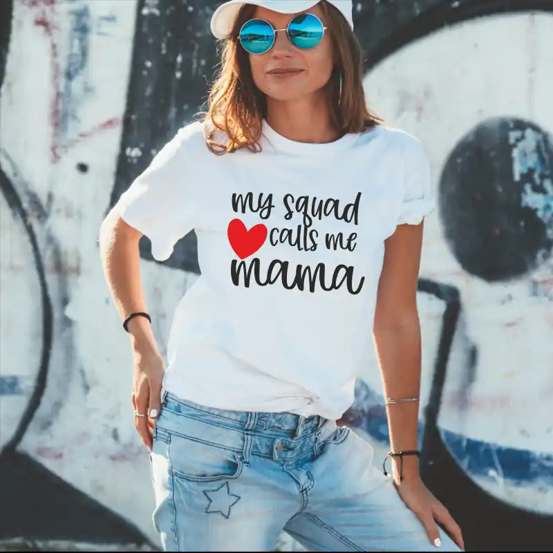 Tricou alb personalizat: "squad calls me mama" (dama) [1]