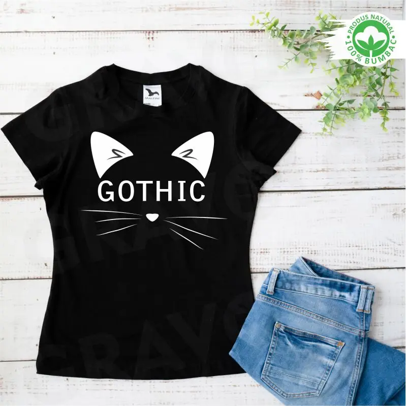Tricou negru personalizat: "gothic" cat (damă) [1]