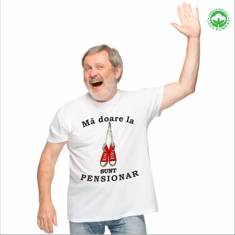 Tricou Pensionare alb, personalizat cu textul "Ma doare la tenesi, sunt pensionar" tenesi rosii vintage [3]