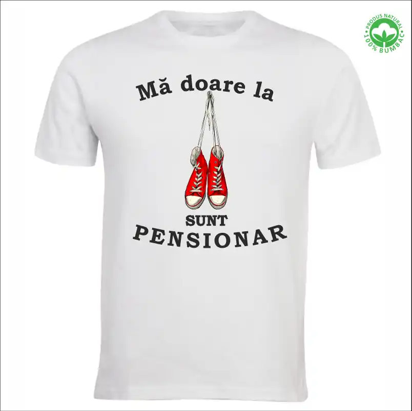 Tricou Pensionare alb, personalizat cu textul "Ma doare la tenesi, sunt pensionar" tenesi rosii vintage [2]