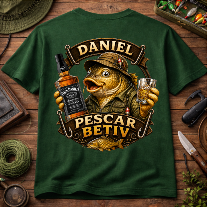 Tricou personalizat „Pescar betiv” cu nume – model funny cu crap și whisky [3]
