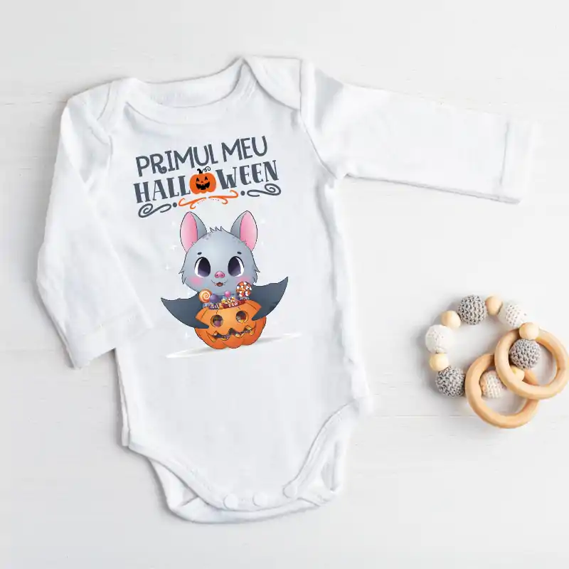 Cadouri de Halloween - Body bebe baietel, personalizat cu mesajul: "Primul meu Halloween"