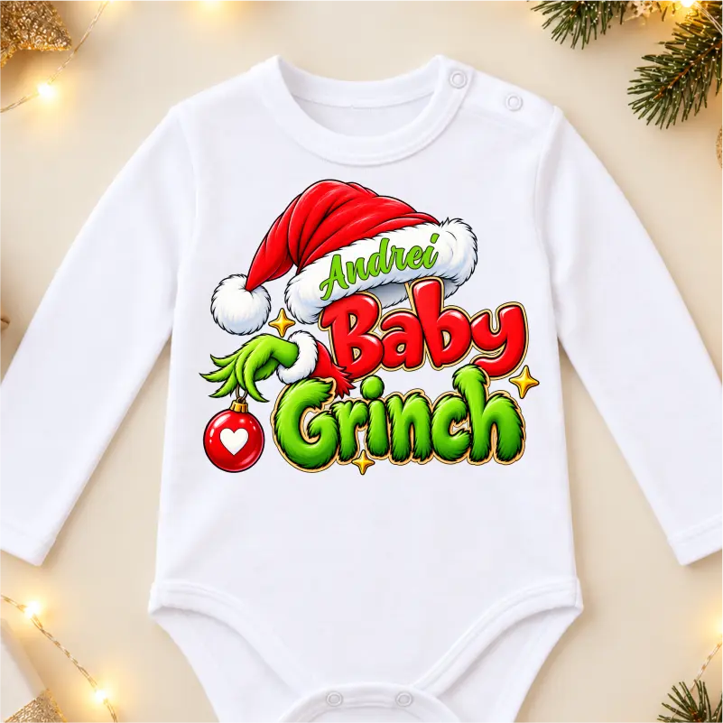 Haine craciun bebe - Body-bebe-Craciun-personalizat-cu-nume-model-Baby-Grinch-1