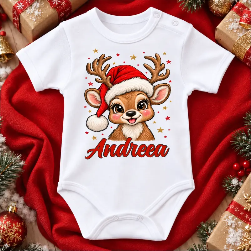 Haine craciun bebe - Body-bebe-Craciun-personalizat-cu nume-model-Baby-ren-fetita-1