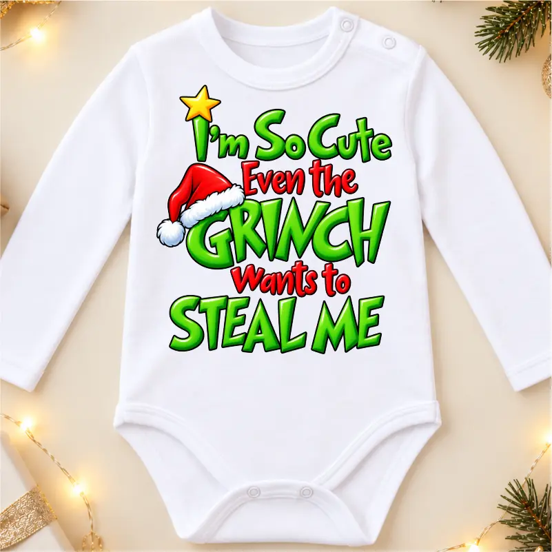 Haine craciun bebe - Body-bebe-de-Craciun-personalizat-cu-mesajul-I'm-so-cute-even-the-Grinch-wants-to steal-me-1