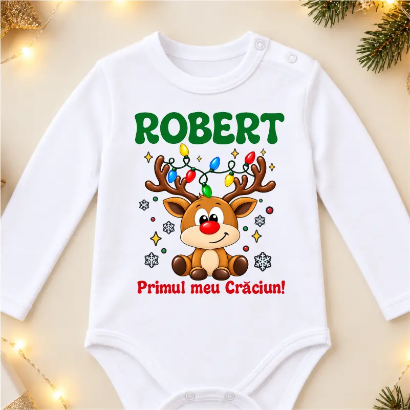 Haine craciun bebe - Body-bebe-de-Craciun-personalizat-cu-nume-model-Primul-meu-Craciun-baby-ren-baietel-1
