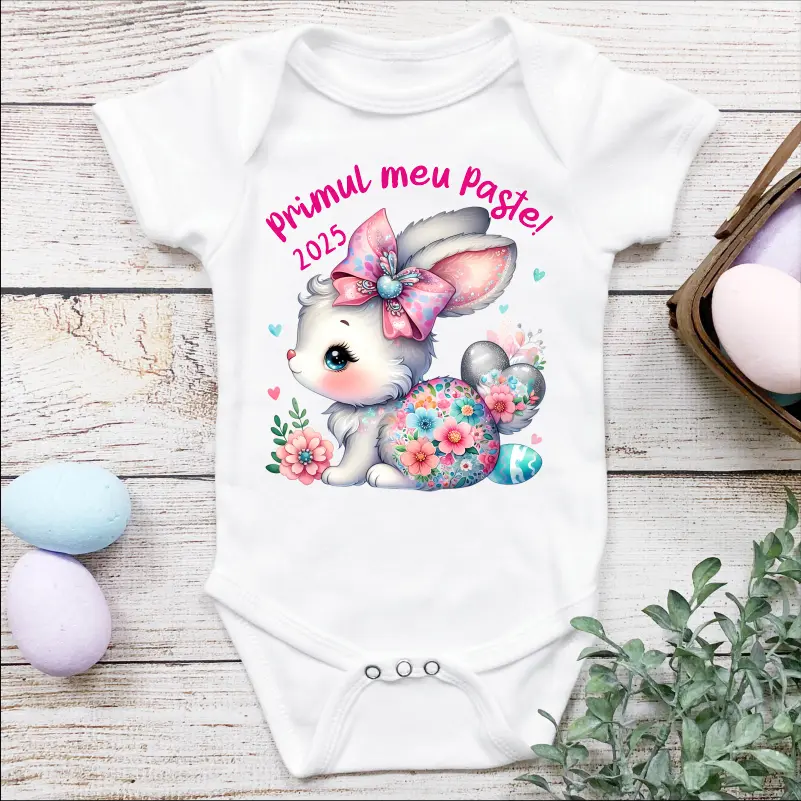 Cadouri de Paște - Body-bebe-personalizat-Primul-meu-Paste-iepuras-cu-flori