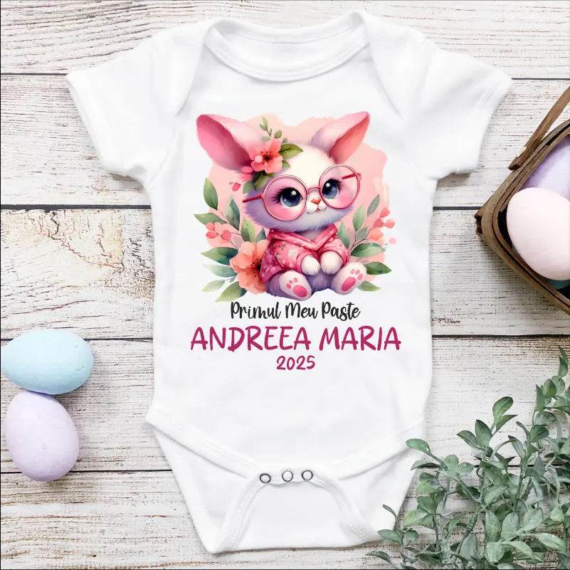 Cadouri de Paște - Body-bebe-personalizat-cu-nume-pentru-Paste-model-Iepuras-cu-ochelari