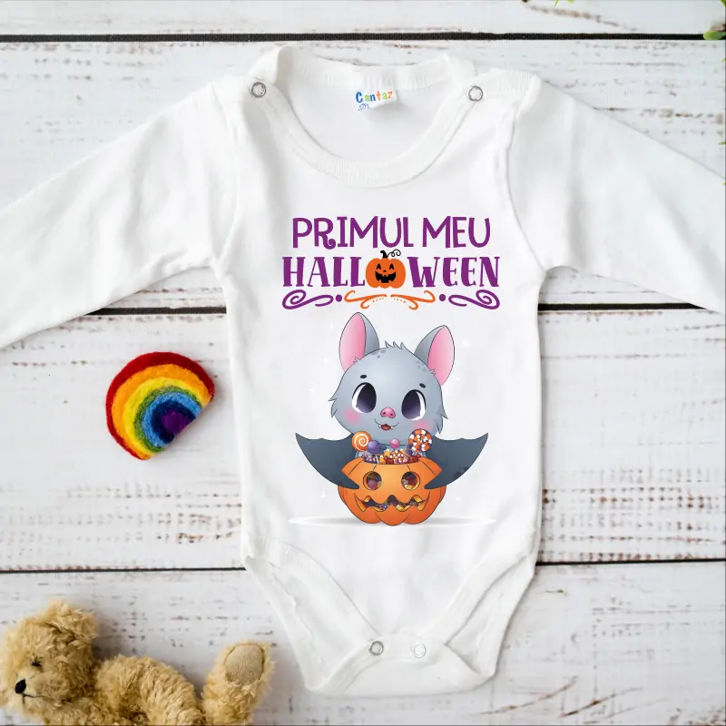 Cadouri de Halloween - Body bebe fetita, personalizat cu mesajul: "Primul meu Halloween"