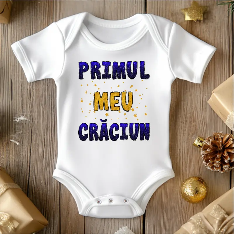 Cadouri de Craciun - Body-bebelusi-personalizat-pentru-Craciun-model Primul-meu-Craciun-albastru-auriu-2