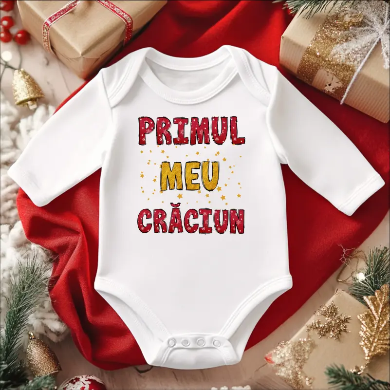Cadouri de Craciun - Body-bebelusi-personalizat-pentru-Craciun-model-Primul-meu-Craciun-rosu-auriu-1
