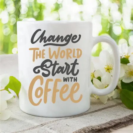 Cadouri personalizate - Cana alba "Change the World start with Coffee"