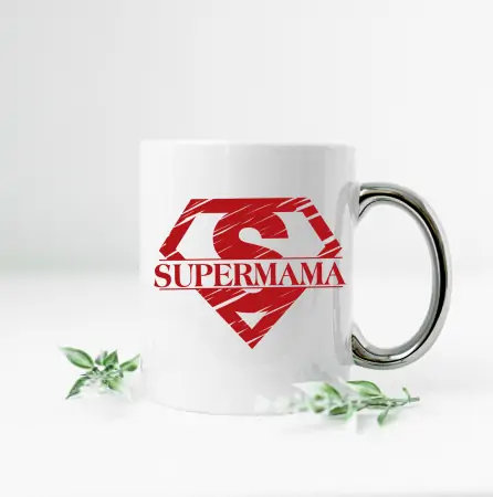 Cadouri pentru Mama - Cana alba cu maner argintiu "Supermama"