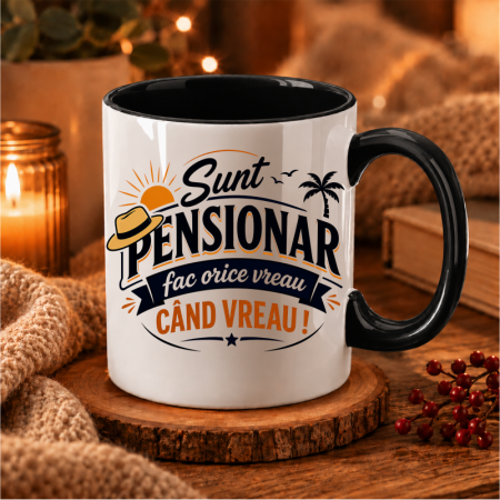 CANA PERSONALIZATA PENTRU O DOMN PENSIONAR INSCRIPTIONATA CU MESAJUL "SUNT PENSIONAR FAC ORICE VREAU CAND VREAU".