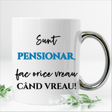 CANA PERSONALIZATA PENTRU O DOMN PENSIONAR INSCRIPTIONATA CU MESAJUL "SUNT PENSIONAR FAC ORICE VREAU CAND VREAU".