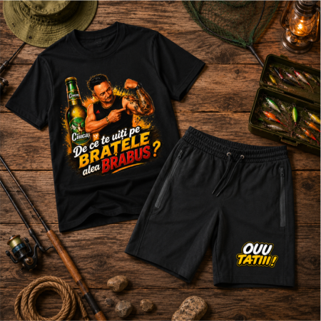 Produse Oou Tati - Compleu Personalizat „De ce te uiți pe brațele alea BRABUS?” – Tricou și Pantaloni Scurți | Colecția OUU TATIII