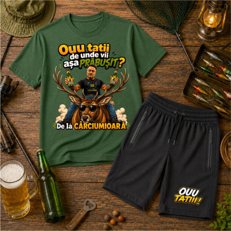 Ouu Tatii - Compleu Personalizat „Ouu Tatii! De unde vii așa PRĂBUȘIT? – De la Cârciumioară” – Tricou și Pantaloni Scurți | Colecția OUU TATIII