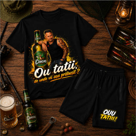 Cadouri personalizate - Compleu Personalizat „Ouu Tatii! De unde vii așa PRĂBUȘIT?” – Tricou și Pantaloni Scurți | Colecția OUU TATIII