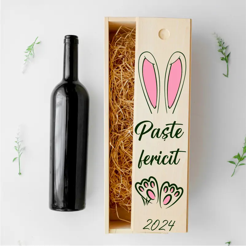 Cadouri de Paște - Cutie-din-lemn-pentru-sticla-de-vin-model-Paste-fericit-iepuras-1