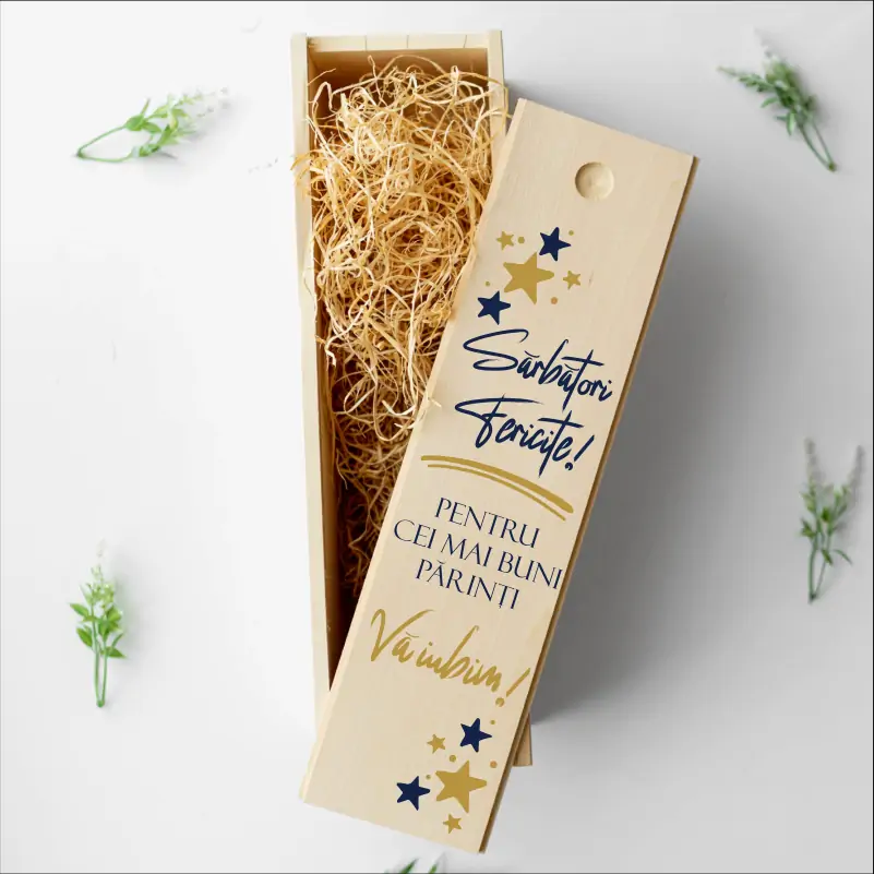 Cadouri de Craciun - Cutie-vin-din-lemn-personalizata-model-Sarbatori-fericite-pentru-cei-mai-buni-parinti-1