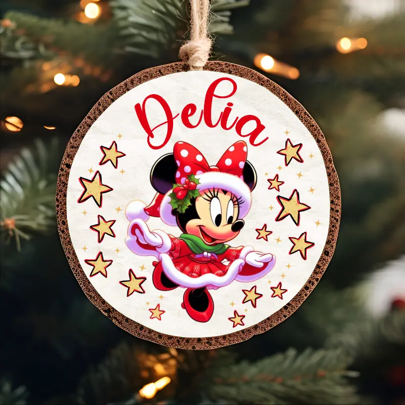 Articole de Craciun - glob-de-craciun-din-lemn-personalizat-cu-nume-model-minnie-mouse
