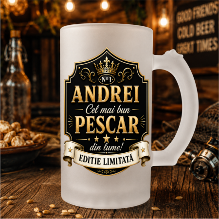 Cana Pescar - Halbă de Bere Mată Personalizată – Cel Mai Bun Pescar din Lume | Cu Nume Personalizat
