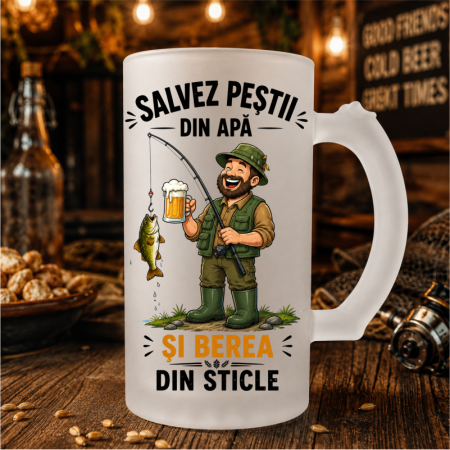Cana Pescar - Halbă de Bere Mată Personalizată „Salvez Peștii din Apă și Berea din Sticle”