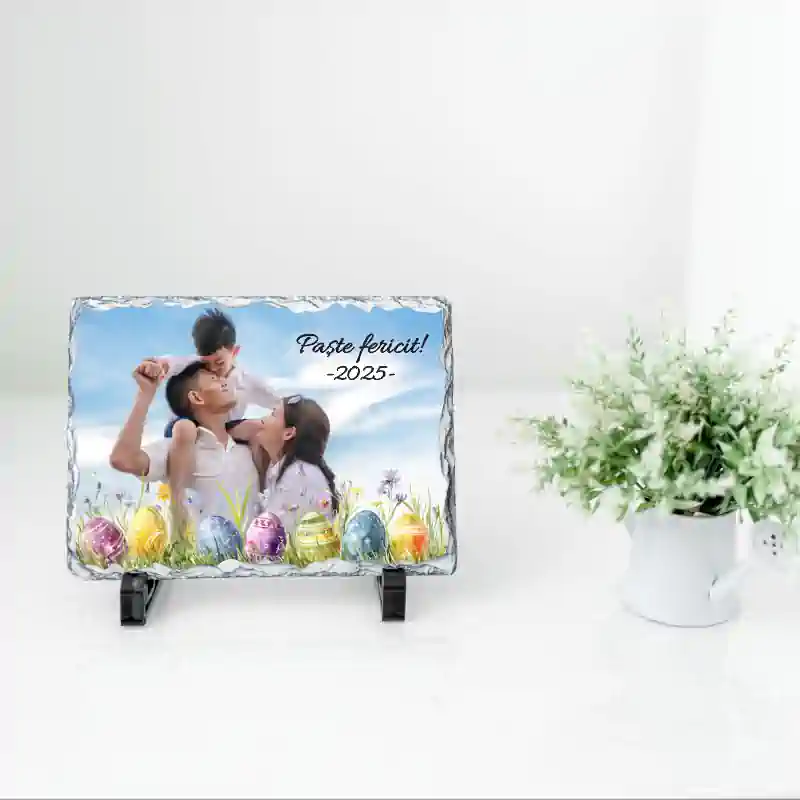 Rama foto personalizata, ardezie (piatra naturala) model "Paste Fericit" [1]