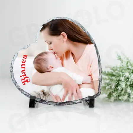 Cadouri Copii - Rama foto personalizata, ardezie (piatra naturala) "Bianca" (personalizat cu nume) in forma de inima