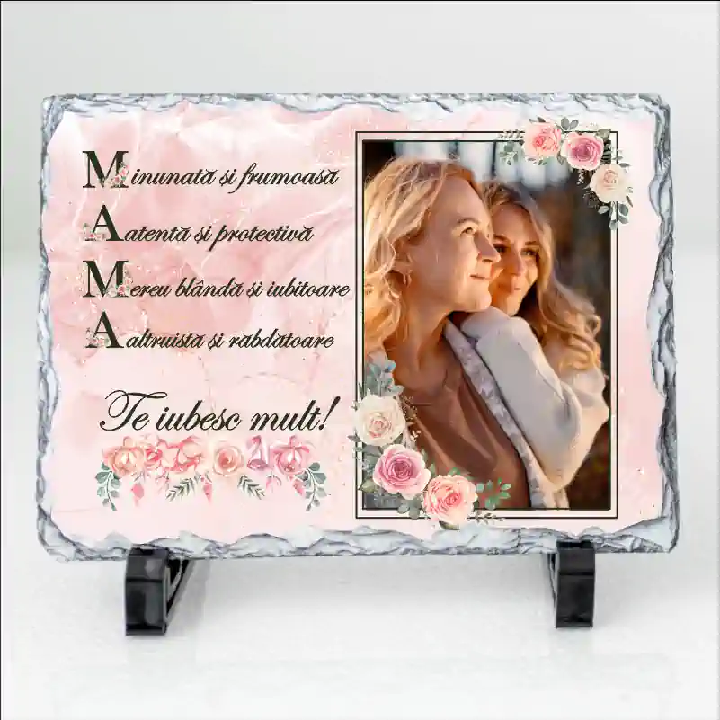 Cadouri pentru Mama - Rama foto personalizata, ardezie (piatra naturala) "Cea mai buna mama din lume! Te iubim!"