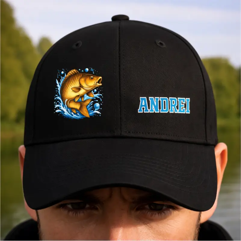 Cadouri pentru pescari - Sapca-neagra-personalizata-pentru-pescari-Model-crap