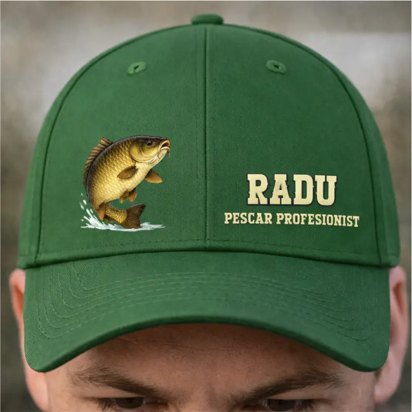 Cadouri pentru pescari - Sapca-verde-personalizata-pentru-pescari-Model-pescar-profesionist